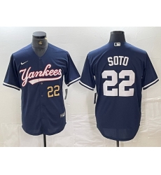 Men New York Yankees 22 Juan Soto Navy With Patch Cool Base Stitched Baseball Jersey