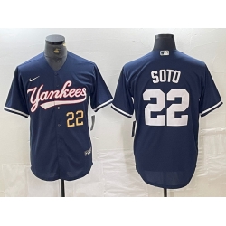 Men New York Yankees 22 Juan Soto Number Navy Cool Base Stitched Baseball Jerse