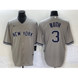 Men New York Yankees 3 Babe Ruth Gray Cool Base Stitched Baseball Jersey