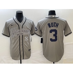 Men New York Yankees 3 Babe Ruth Gray With Patch Cool Base Stitched Baseball Jersey