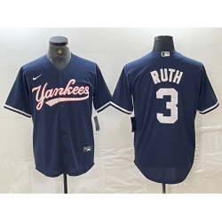 Men New York Yankees 3 Babe Ruth Navy Cool Base Stitched Baseball Jersey