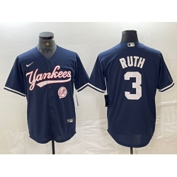 Men New York Yankees 3 Babe Ruth Navy With Patch Cool Base Stitched Baseball Jersey