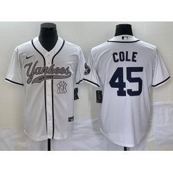 Men New York Yankees 45 Gerrit Cole White With Patch Cool Base Stitched Baseball Jersey