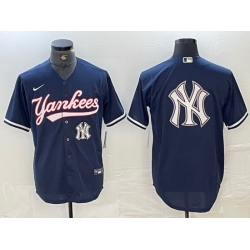 Men New York Yankees Big LOGO Navy Cool Base Stitched Baseball Jersey 1