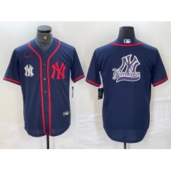 Men New York Yankees Big LOGO Navy Cool Base Stitched Baseball Jersey 22