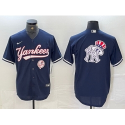 Men New York Yankees Big LOGO Navy Cool Base Stitched Baseball Jersey 3