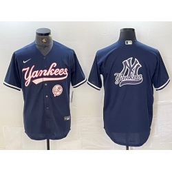 Men New York Yankees Big LOGO Navy Cool Base Stitched Baseball Jersey 5