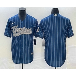Men's New York Yankees Big Logo Navy Blue Pinstripe Cool Base Stitched Baseball Jersey