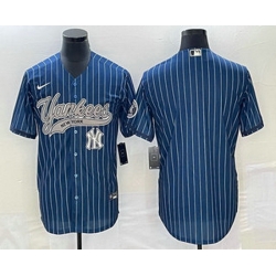 Men's New York Yankees Big Logo Navy Blue Pinstripe Cool Base Stitched Baseball Jerseys