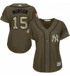 Womens Majestic New York Yankees 15 Thurman Munson Replica Green Salute to Service MLB Jersey