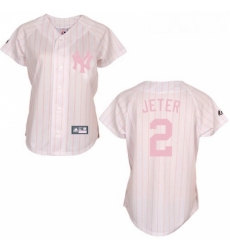 Womens Majestic New York Yankees 2 Derek Jeter Replica WhitePink Strip MLB Jersey