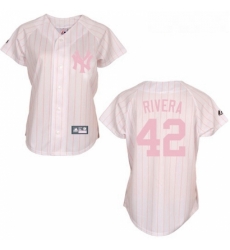 Womens Majestic New York Yankees 42 Mariano Rivera Replica WhitePink Strip MLB Jersey