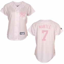 Womens Majestic New York Yankees 7 Mickey Mantle Authentic WhitePink Strip MLB Jersey