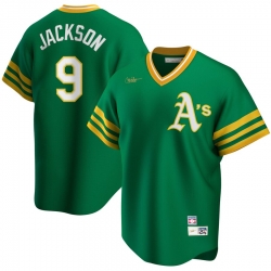 Men Oakland Athletics 9 Reggie Jackson Nike Road Cooperstown Collection Player MLB Jersey Kelly Green