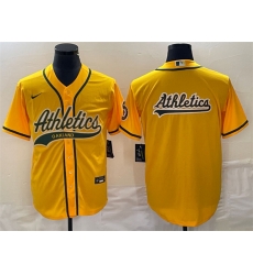 Men Oakland Athletics Yellow Team Big Logo Cool Base Stitched Baseball Jersey 002