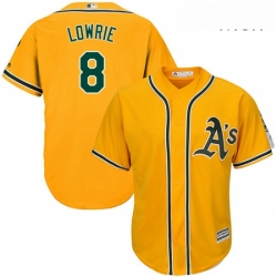 Mens Majestic Oakland Athletics 8 Jed Lowrie Replica Gold Alternate 2 Cool Base MLB Jersey
