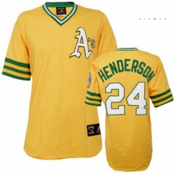Mens Mitchell and Ness Oakland Athletics 24 Rickey Henderson Authentic Gold Throwback MLB Jersey