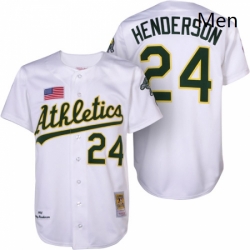Mens Mitchell and Ness Oakland Athletics 24 Rickey Henderson Replica White 1990 Throwback MLB Jersey