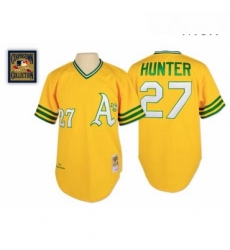 Mens Mitchell and Ness Oakland Athletics 27 Catfish Hunter Replica Gold Throwback MLB Jersey