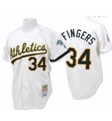 Mens Mitchell and Ness Oakland Athletics 34 Rollie Fingers Authentic White Throwback MLB Jersey