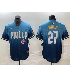 Men Philadelphia Phillies 27 Aaron Nola Blue 2024 City Connect Limited Stitched Baseball Jersey 3