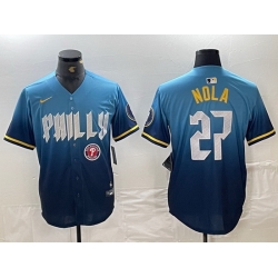 Men Philadelphia Phillies 27 Aaron Nola Blue 2024 City Connect Limited Stitched Baseball Jersey 3