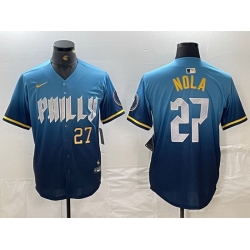 Men Philadelphia Phillies 27 Aaron Nola Blue 2024 City Connect Limited Stitched Baseball Jersey 4