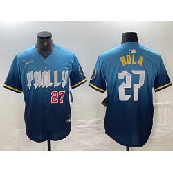 Men Philadelphia Phillies 27 Aaron Nola Blue 2024 City Connect Limited Stitched Baseball Jersey