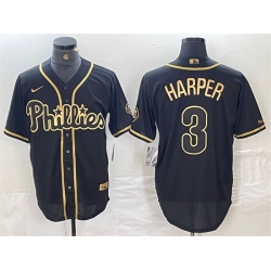 Men Philadelphia Phillies 3 Bryce Harper Black Gold Cool Base Stitched Baseball Jersey