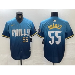 Men Philadelphia Phillies 55 Ranger Suarez Blue 2024 City Connect Limited Stitched Jersey 7