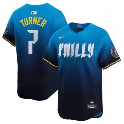 Men Philadelphia Phillies 7 Trea Turner Blue 2024 City Connect Limited Stitched Jersey