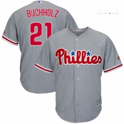 Mens Majestic Philadelphia Phillies 21 Clay Buchholz Replica Grey Road Cool Base MLB Jersey 