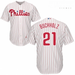 Mens Majestic Philadelphia Phillies 21 Clay Buchholz Replica WhiteRed Strip Home Cool Base MLB Jersey 