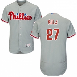 Mens Majestic Philadelphia Phillies 27 Aaron Nola Grey Road Flex Base Authentic Collection MLB Jersey