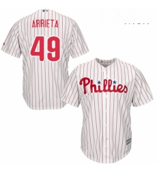 Mens Majestic Philadelphia Phillies 49 Jake Arrieta Replica WhiteRed Strip Home Cool Base MLB Jersey 