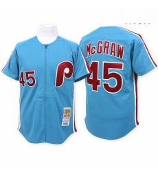 Mens Mitchell and Ness Philadelphia Phillies 45 Tug McGraw Authentic Blue Throwback MLB Jersey