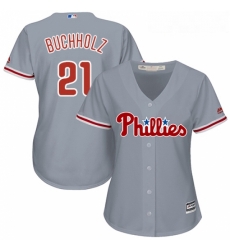 Womens Majestic Philadelphia Phillies 21 Clay Buchholz Authentic Grey Road Cool Base MLB Jersey 