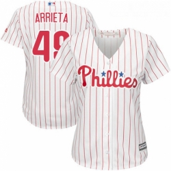 Womens Majestic Philadelphia Phillies 49 Jake Arrieta Authentic WhiteRed Strip Home Cool Base MLB Jersey 