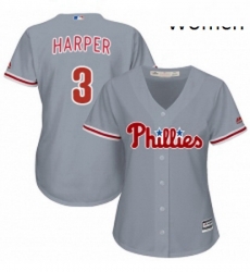 Womens Philadelphia Phillies 3 Bryce Harper Grey Road Stitched MLB Jersey 