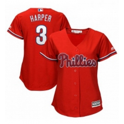 Womens Philadelphia Phillies 3 Bryce Harper Majestic Scarlet Cool Base RED Replica Player Jersey 