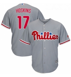 Youth Majestic Philadelphia Phillies 17 Rhys Hoskins Replica Grey Road Cool Base MLB Jersey 