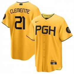Men Pittsburgh Pirates 21 Roberto Clemente Gold 2023 City Connect Stitched Jersey