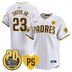 Men San Diego Padres 23 Fernando Tatis Jr  White  u201CFor Peter u201D And Petco Park 20th Patch Limited Stitched Baseball Jersey