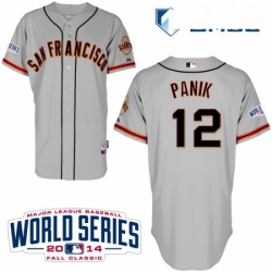 Mens Majestic San Francisco Giants 12 Joe Panik Authentic Grey Road Cool Base w2014 World Series Patch MLB Jersey