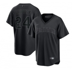 Men Seattle Mariners 24 Ken Griffey Jr  Black Pitch Black Fashion Replica Stitched Jersey