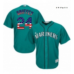 Mens Majestic Seattle Mariners 24 Ken Griffey Authentic Teal Green USA Flag Fashion MLB Jersey