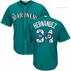 Mens Majestic Seattle Mariners 34 Felix Hernandez Authentic Teal Green Team Logo Fashion Cool Base MLB Jersey