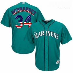 Mens Majestic Seattle Mariners 34 Felix Hernandez Authentic Teal Green USA Flag Fashion MLB Jersey