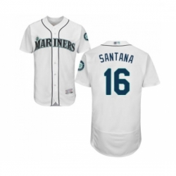 Mens Seattle Mariners 16 Domingo Santana White Home Flex Base Authentic Collection Baseball Jersey