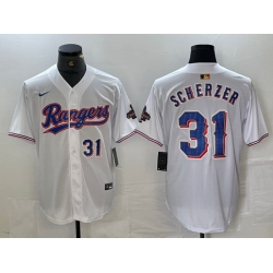 Men Texas Rangers 31 Max Scherzer White Gold Cool Base Stitched Baseball Jersey 4